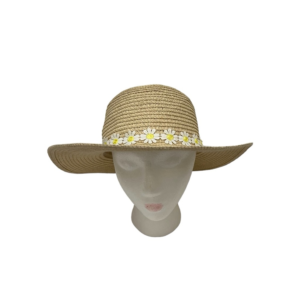 Womens Beach Straw Beige Daisy Flower Trim Wide Brim Floppy Sun Hat